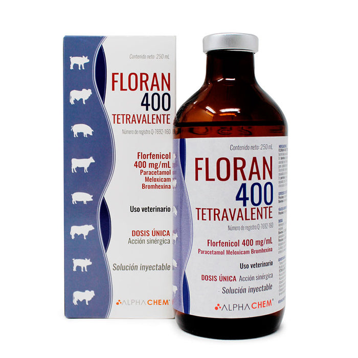 Floran 400 tetravalente antibiotico con florfenicol para cerdos puercos porcinos paracetamol meloxicam bromhexina enfermedad respiratoria gripa