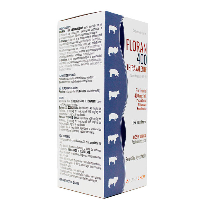 Floran 400 tetravalente antibiotico con florfenicol para cerdos puercos porcinos paracetamol meloxicam bromhexina