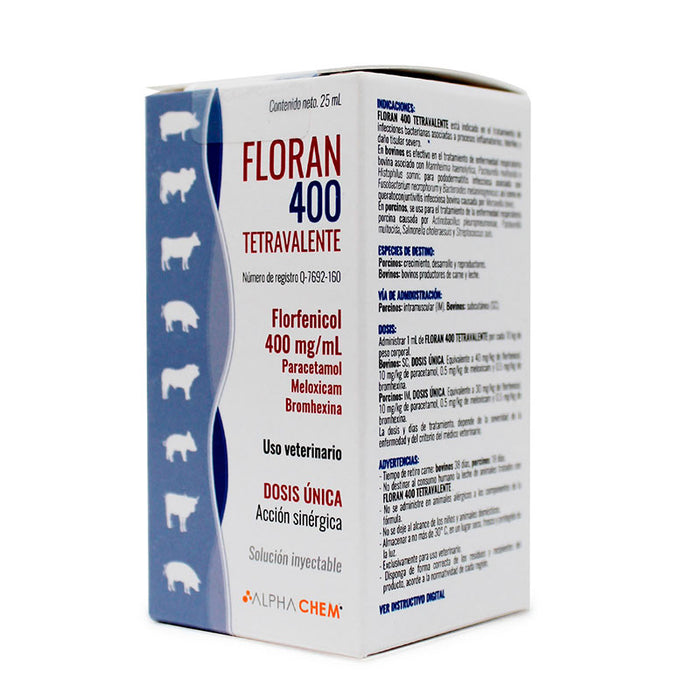 Floran 400 tetravalente antibiotico con florfenicol para cerdos puercos porcinos paracetamol meloxicam bromhexina 25 ml