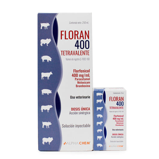 Floran 400 tetravalente antibiotico con florfenicol para cerdos puercos porcinos paracetamol meloxicam bromhexina
