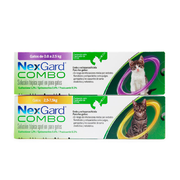 Nexgard combo dos tamaños gatos antiparasitario pulgas garrapatas gusanos planos y redondos