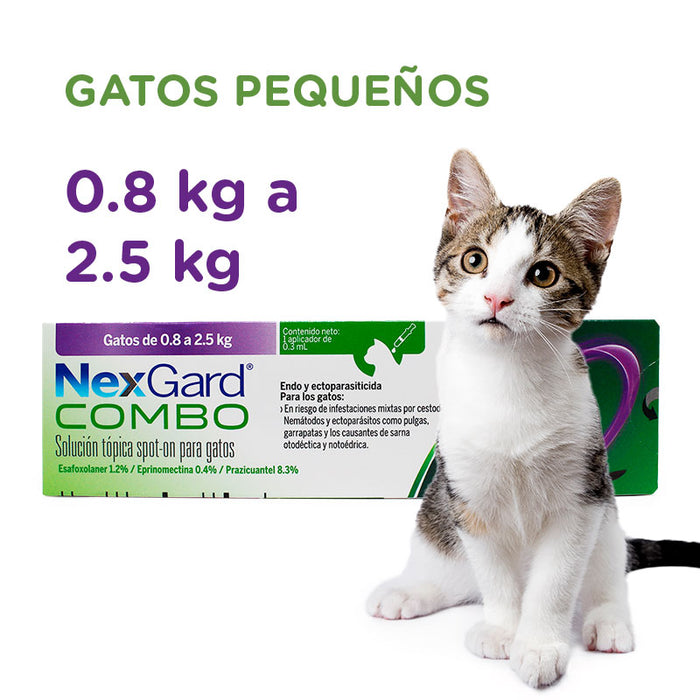 Nexgard combo dos tamaños gatos antiparasitario pulgas garrapatas gusanos planos y redondos